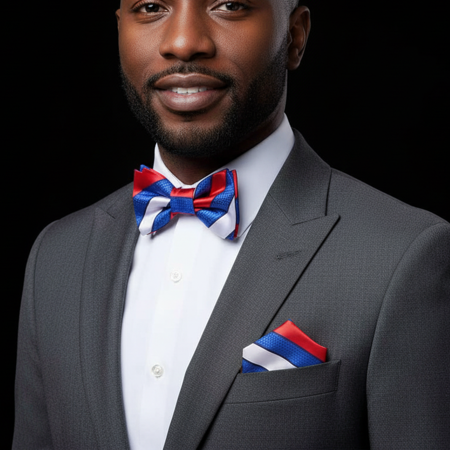 Red, White, Blue Stripe Bow Tie and Square on man