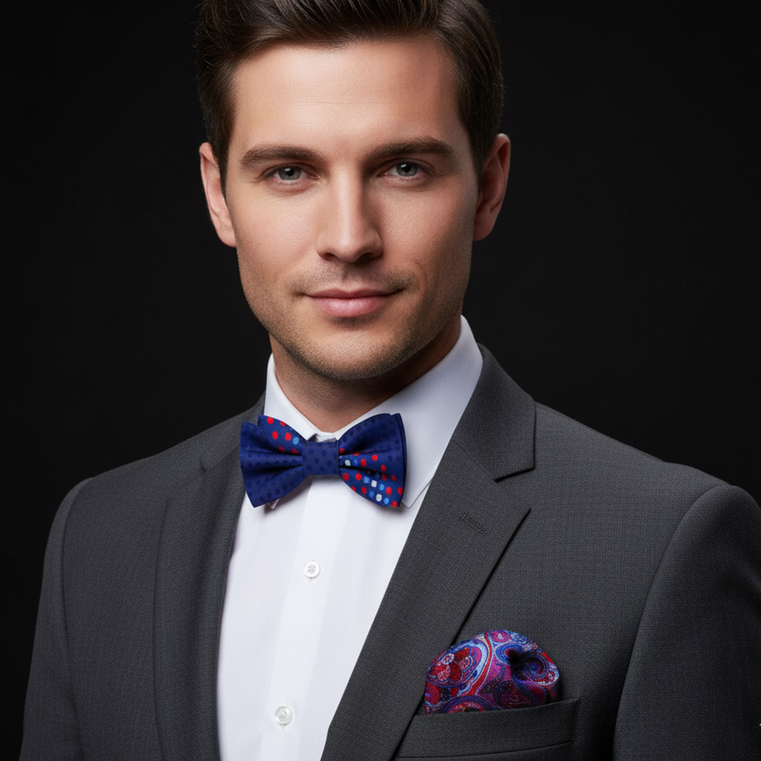 Man wearing a gray suit with a blue bow tie and patterned pocket square on a black background