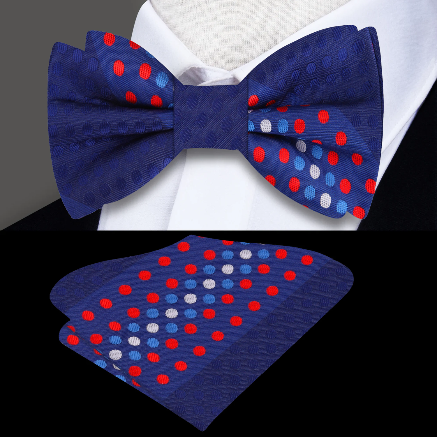 Blue, Red, White Polka Bow Tie and Matching Square