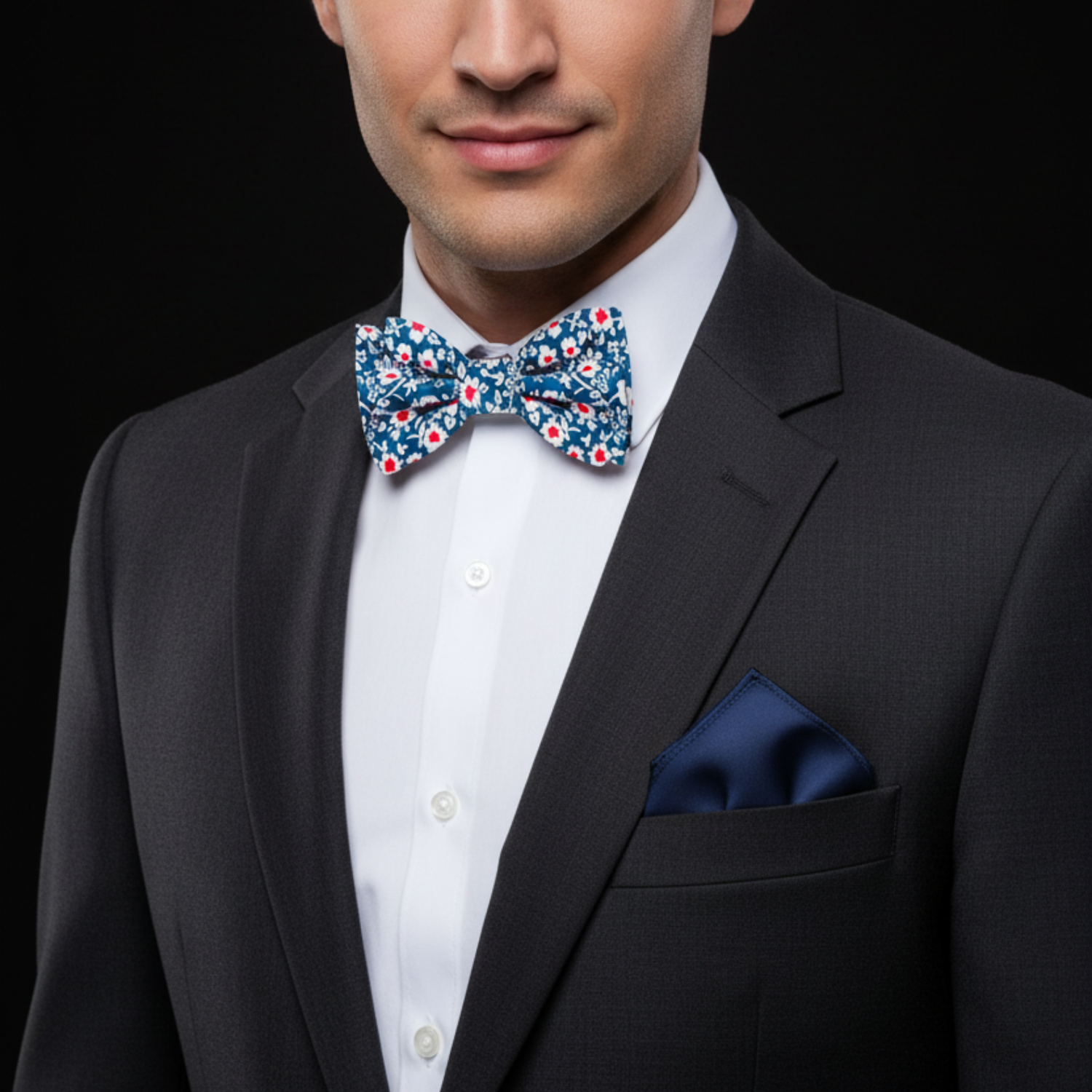 Blue, Red, White Flowers Bow Tie and Blue Square 