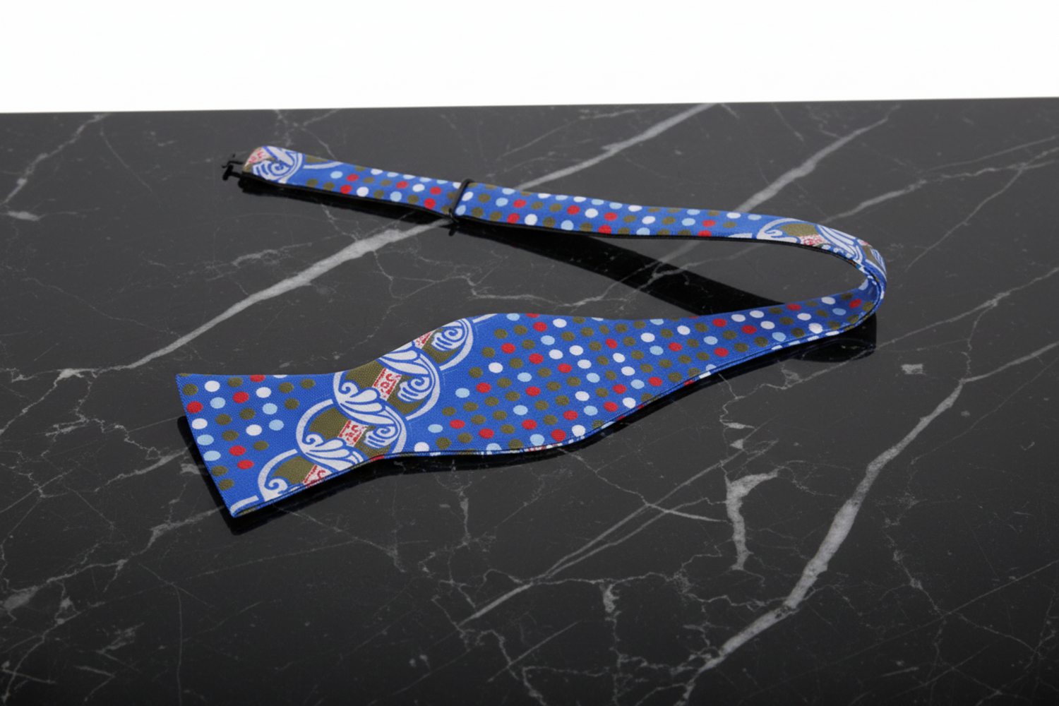 A White, Blue, Red, Green Wavy Circular Abstract with Dots Pattern Self Tie Bow Tie 