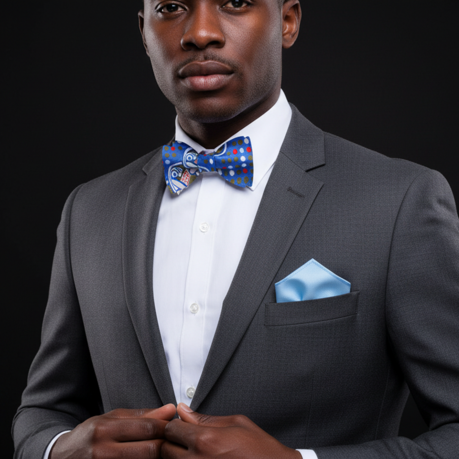 Man wearing a gray suit with a blue bow tie and pocket square on a black background