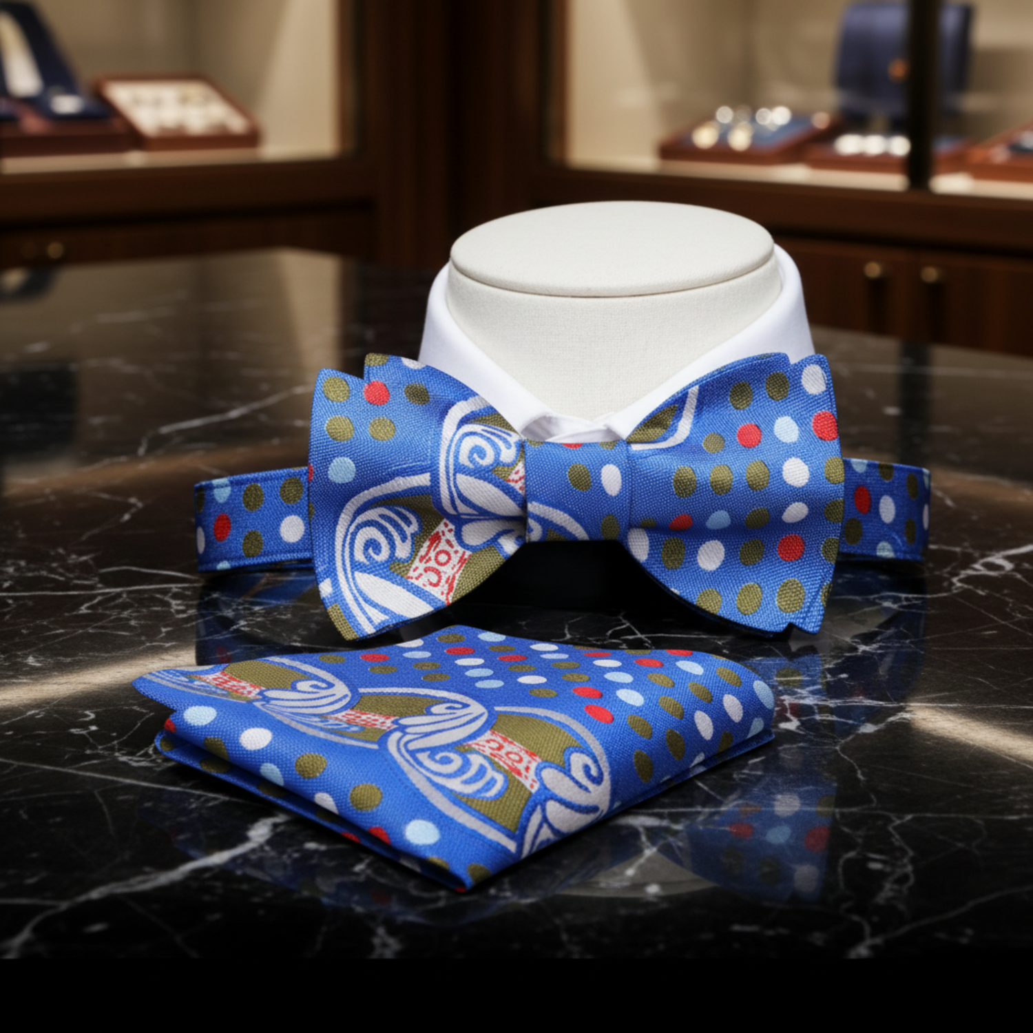 A White, Blue, Red, Green Wavy Circular Abstract with Dots Pattern Self Tie Bow Tie, With Matching Pocket Square