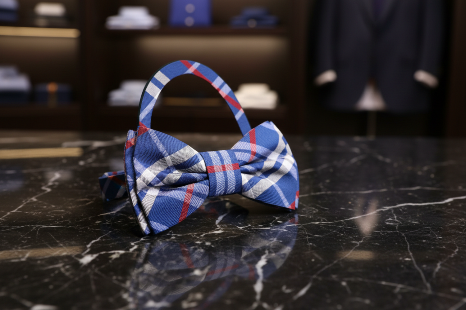 Blue, Red and White Plaid Bow Tie Pre Tied