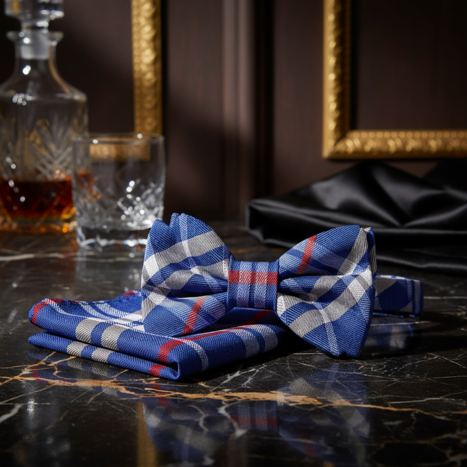 Blue, white and Red Plaid Bow Tie and Square