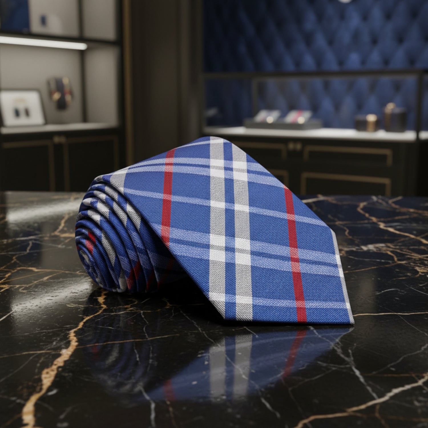 Blue, White and Red Plaid Tie on Black marble