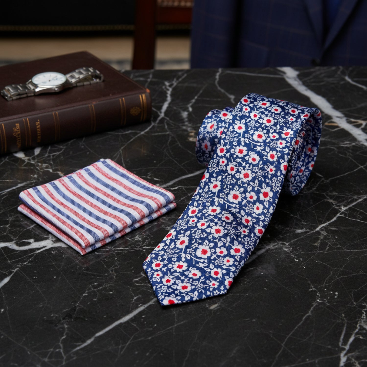Alt View: Blue, Red and White Simple Flowers Tie and White, Blue, Red Stripe Pocket Square