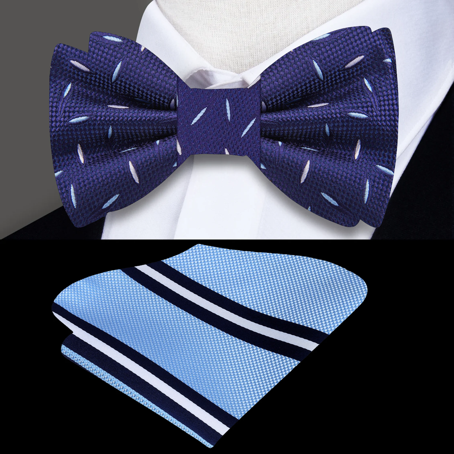 Dark Blue Light Blue Rice Bow Tie and Accenting Stripe Square