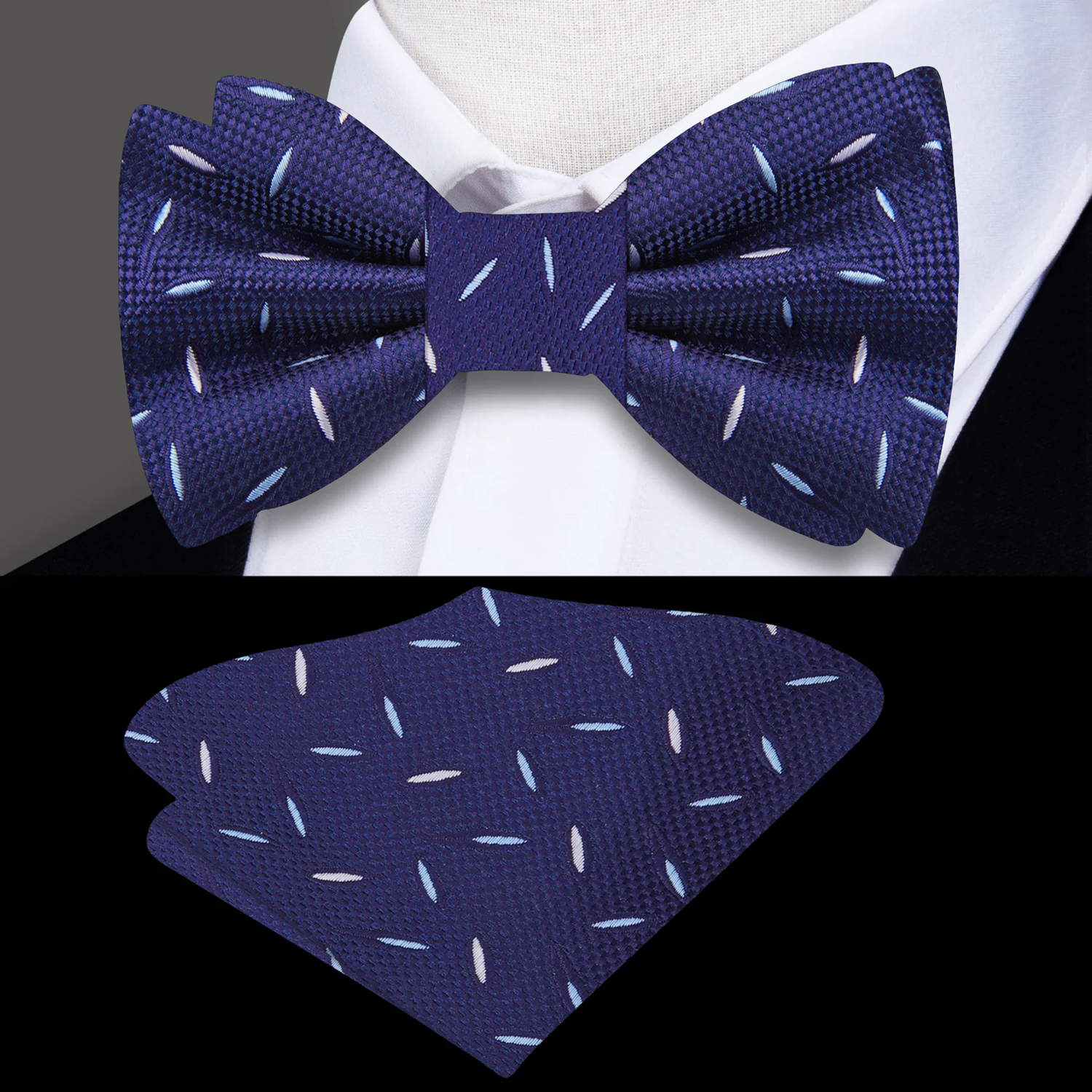 Dark Blue Light Blue Rice Bow Tie and Square
