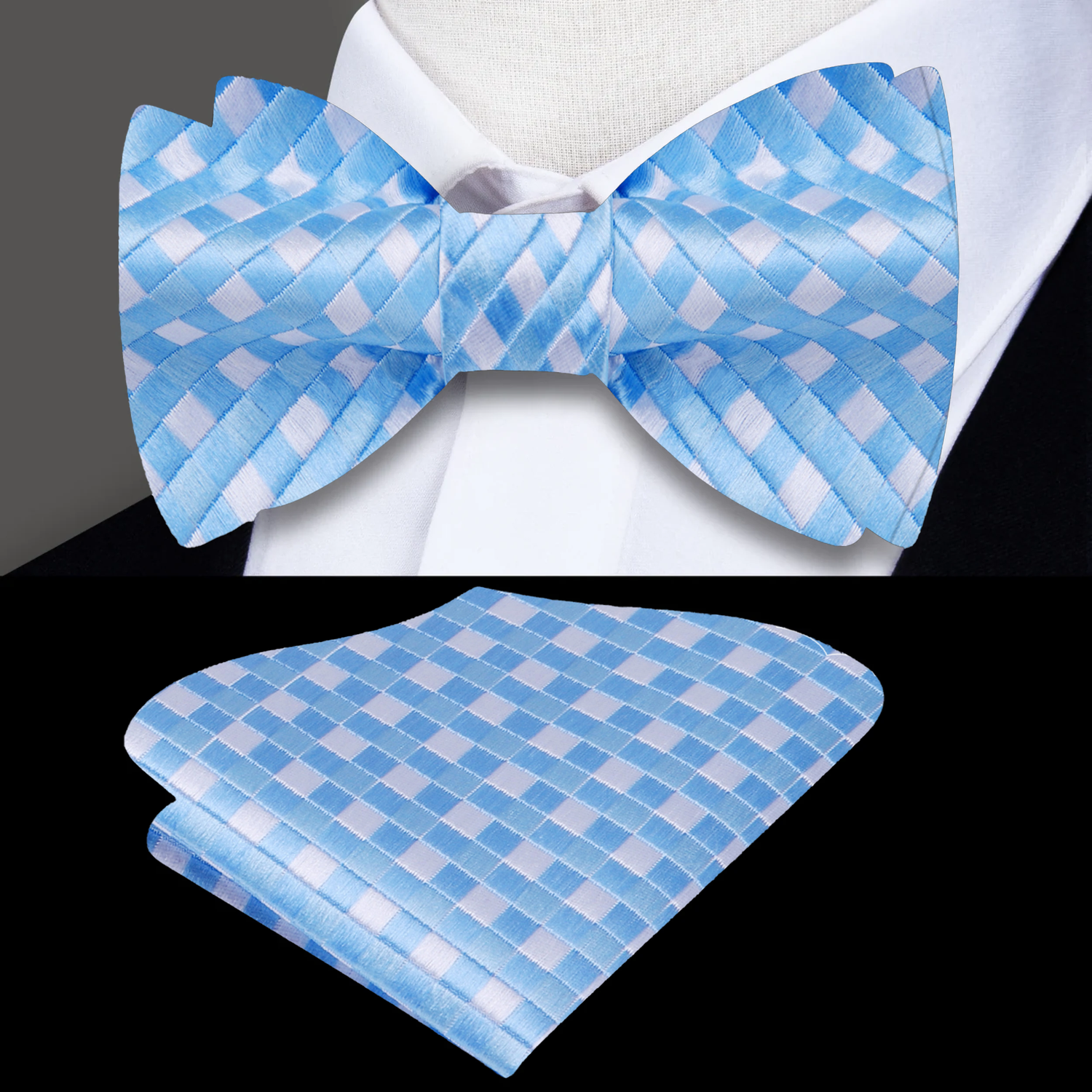 Blue, White Check Bow Tie and Square

