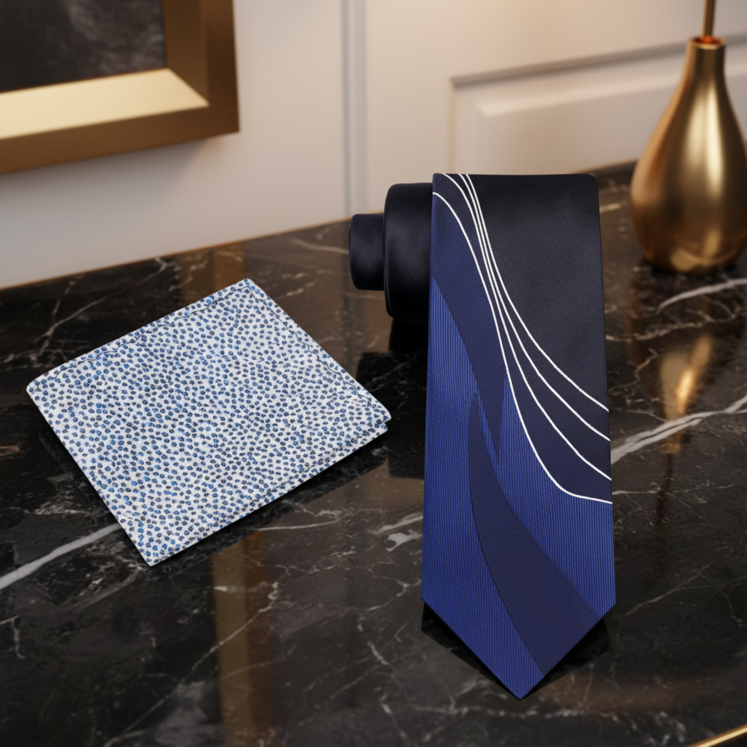 Alt Shades of Blue and White Lined Necktie and Accenting Square