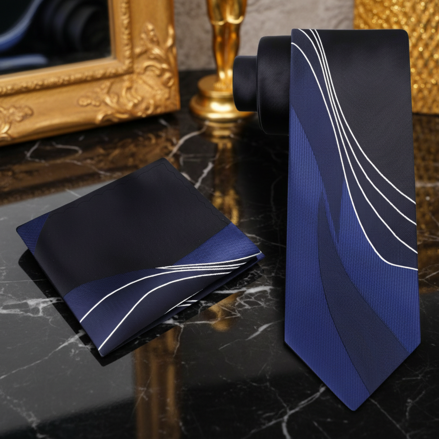 Alt Shades of Blue and White Lined Necktie and Square