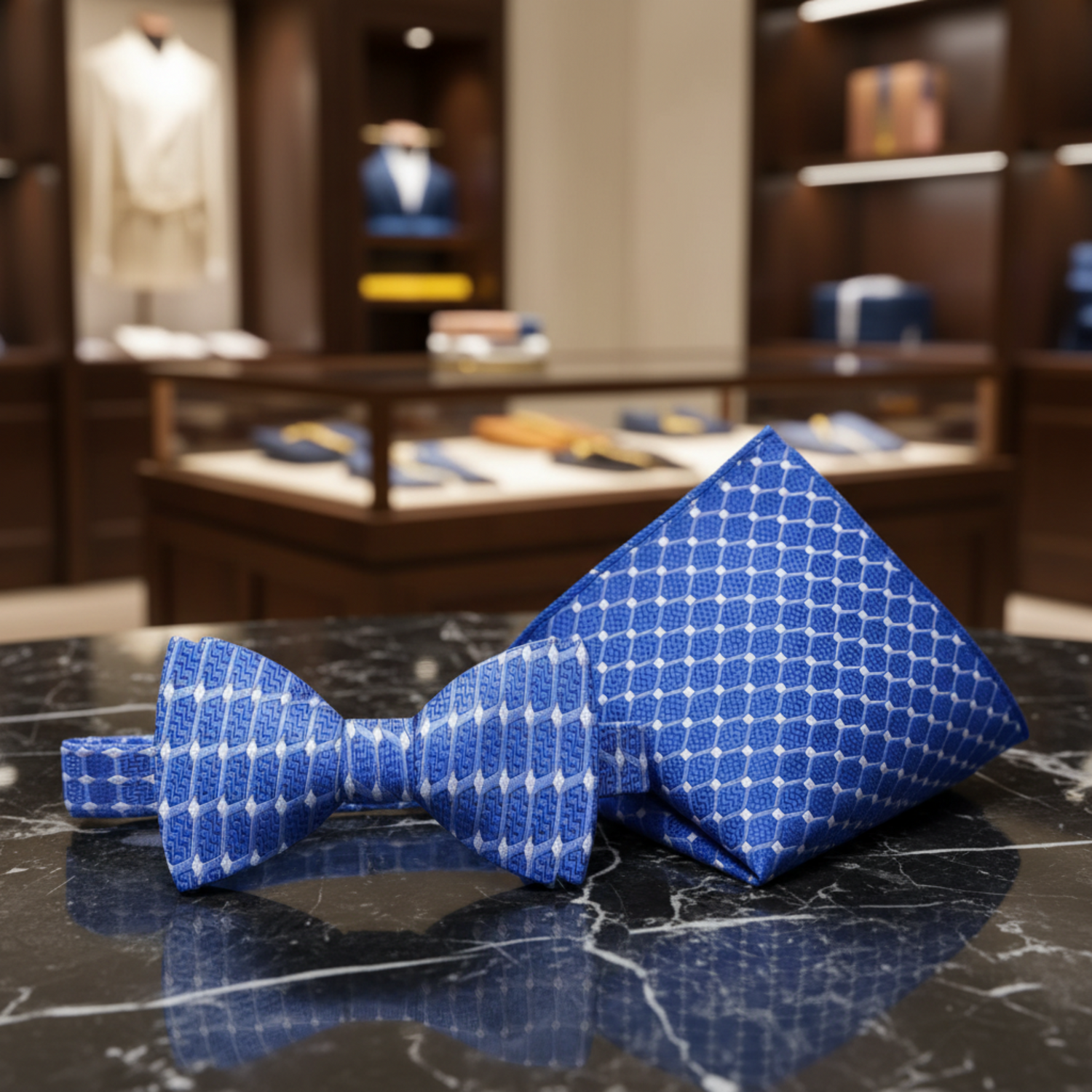 Royal Blue Geometric Bow Tie and Pocket Square