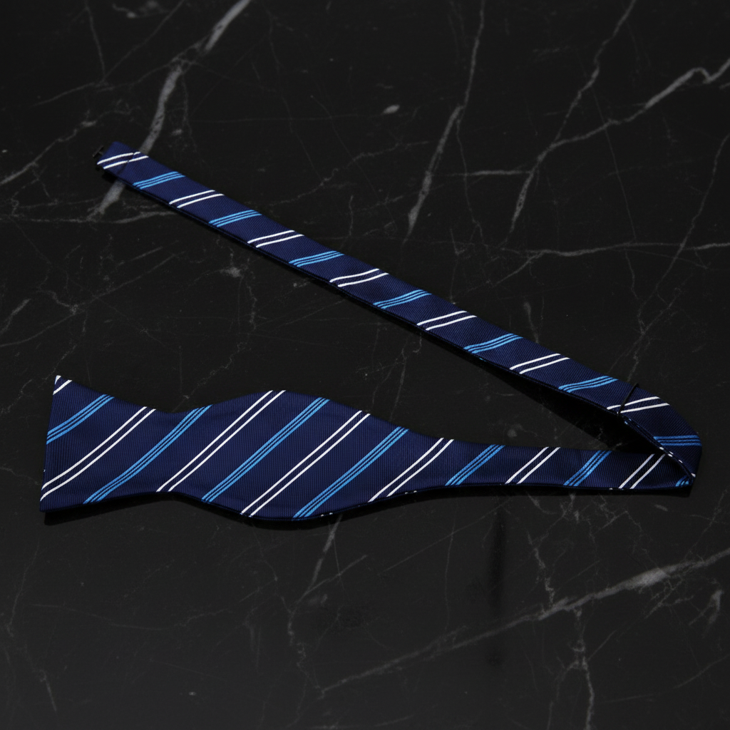 A Dark Blue, Light Blue Stripe Pattern Silk Self Tie Bow Tie
