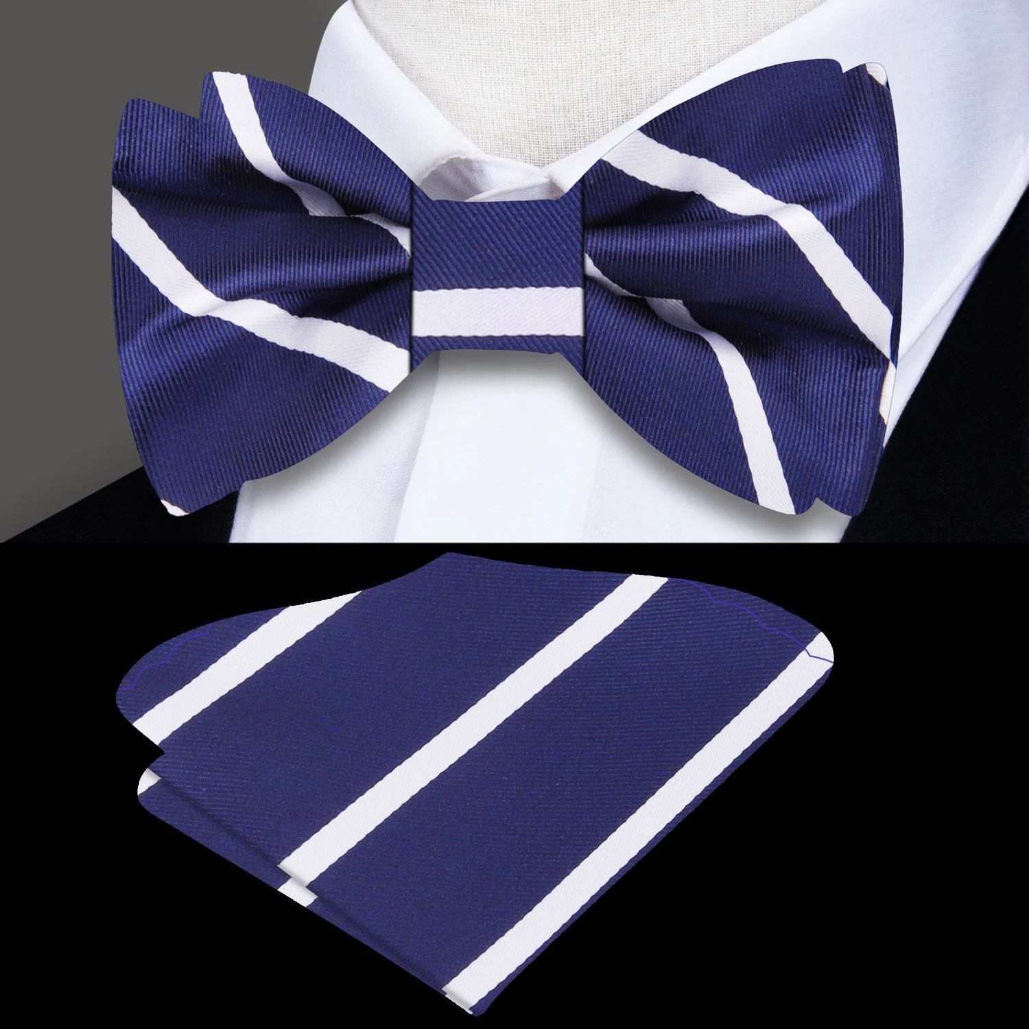 A dark blue bow tie with a white stripe pattern paired with a white pocket square on a white shirt.