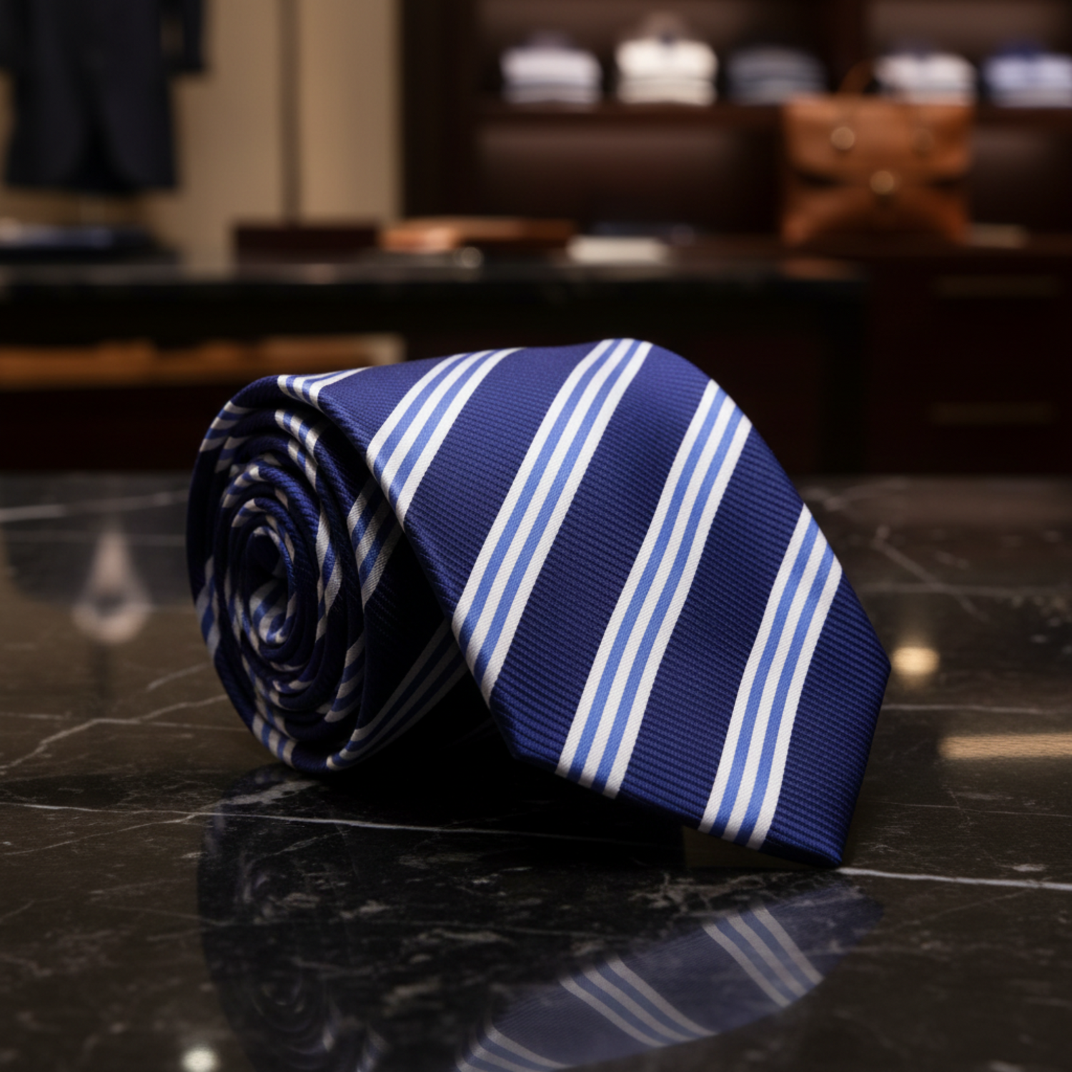 A rolled necktie with vertical stripes in royal blue and white