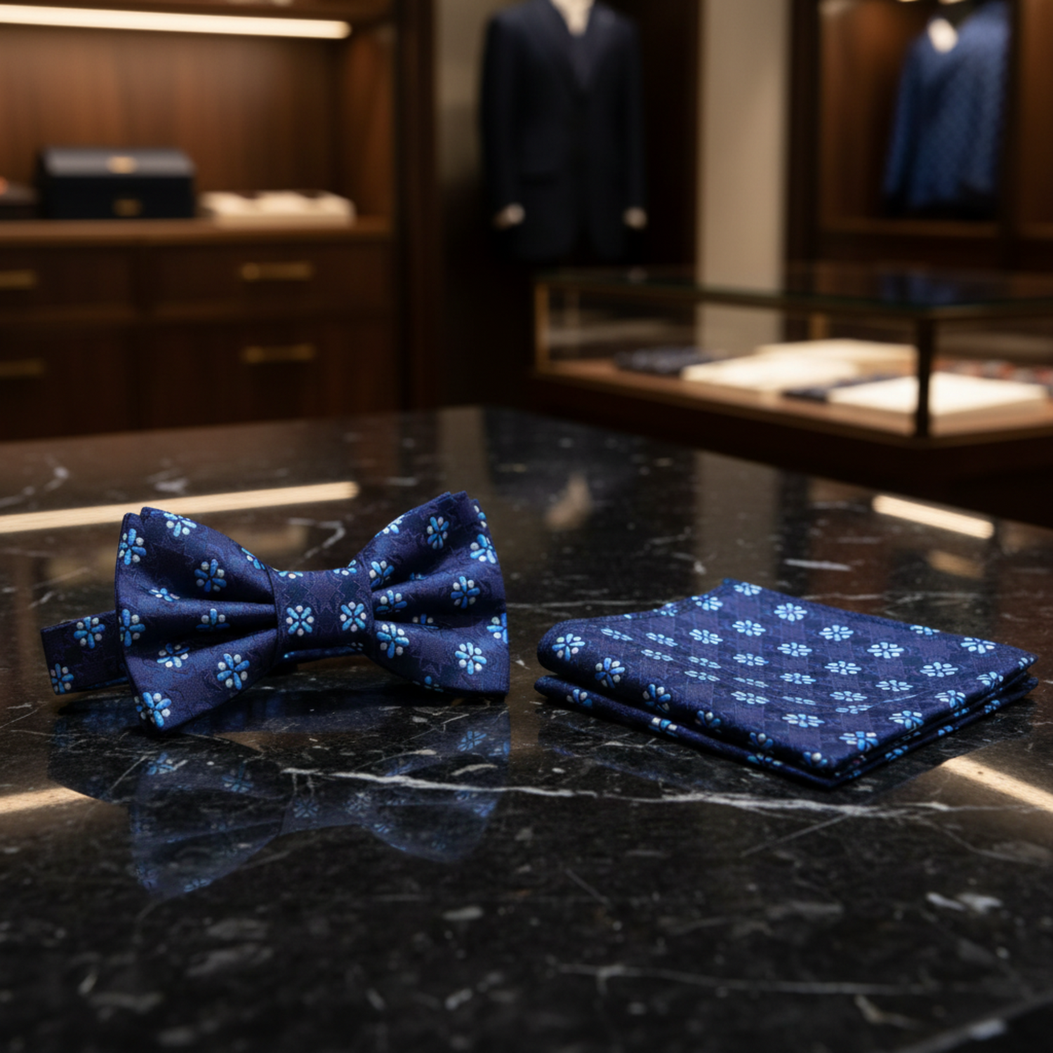 Blue, Light Blue Bursts Bow Tie and Matching Square 