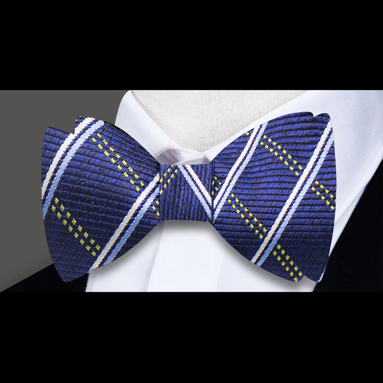 A Blue, White, Yellow Plaid Pattern Silk Self Tie Bow||Dark Blue, Yellow