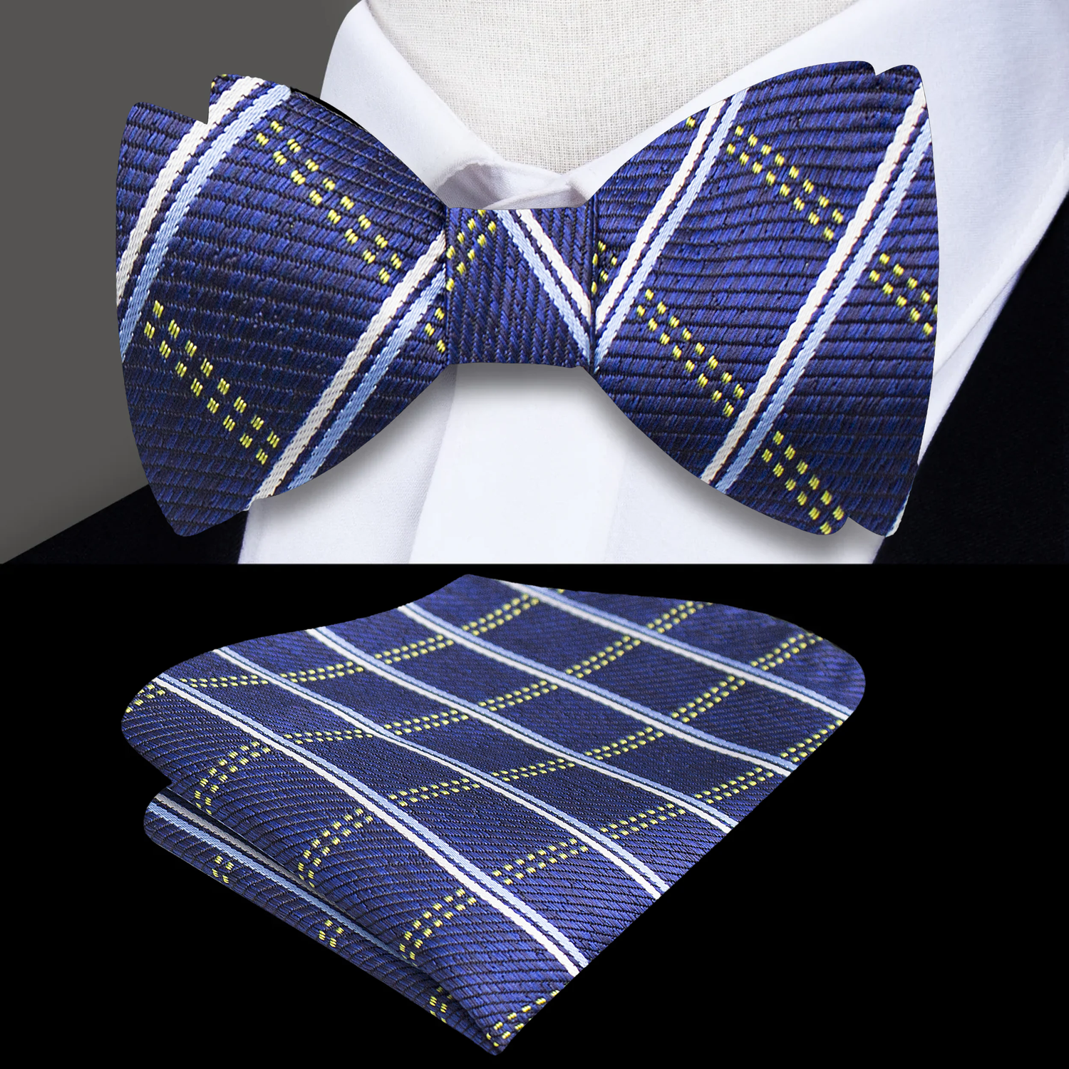 A Blue, White, Yellow Plaid Pattern Self Tie Bow Tie With Matching Pocket Square||Dark Blue, Yellow