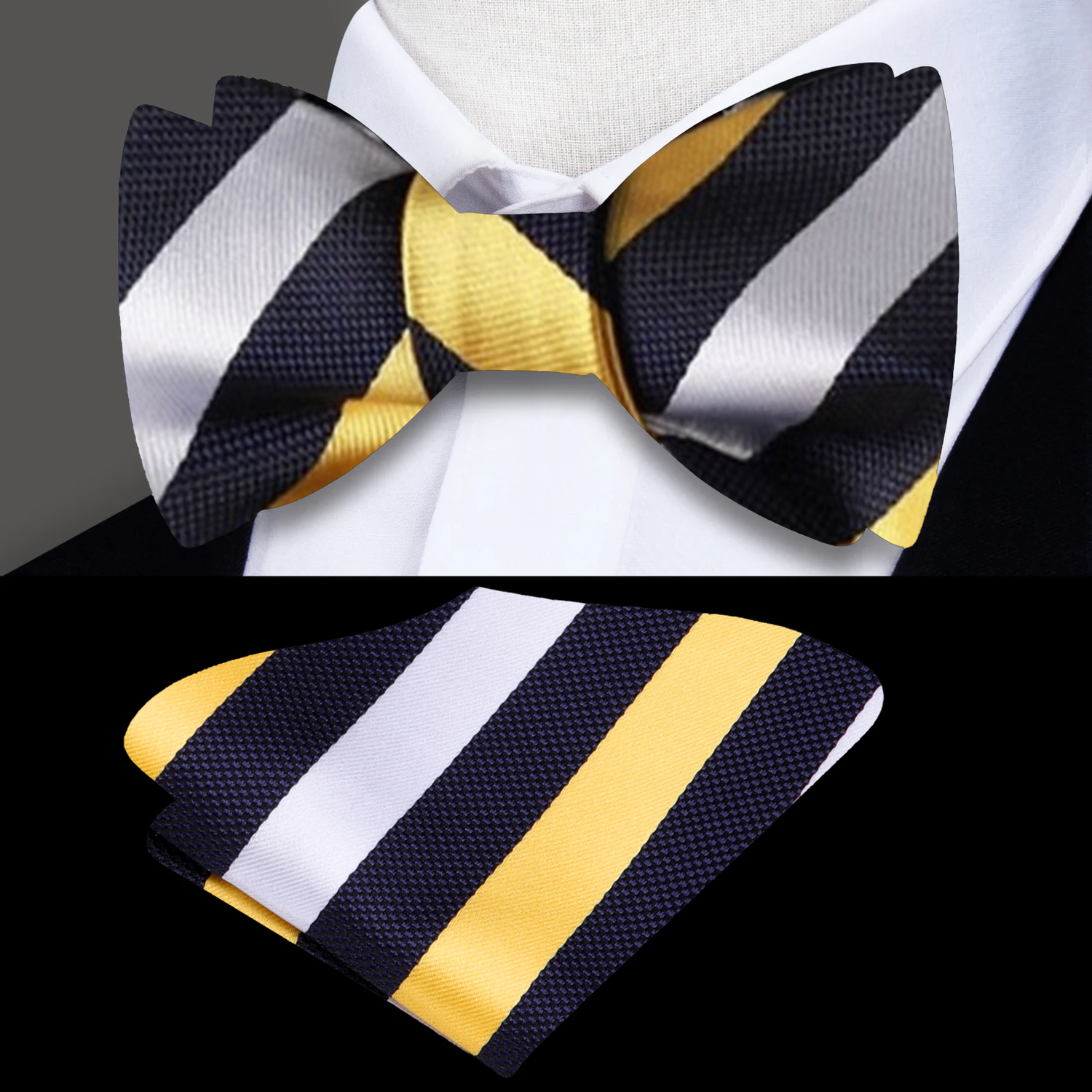 Blue, Yellow, White Stripe Bow Tie and Square