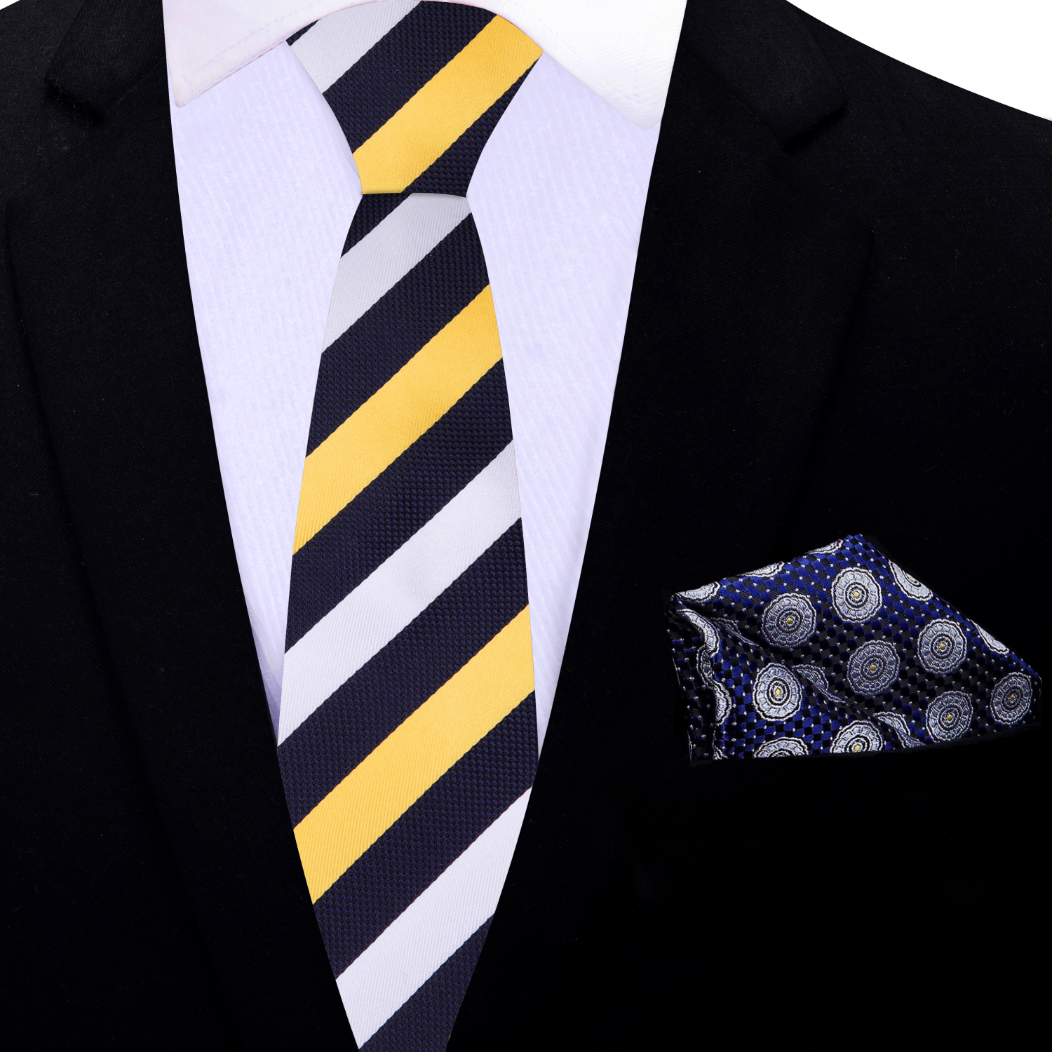 Thin Dark Blue, Yellow, White Stripe Necktie and Accenting Square