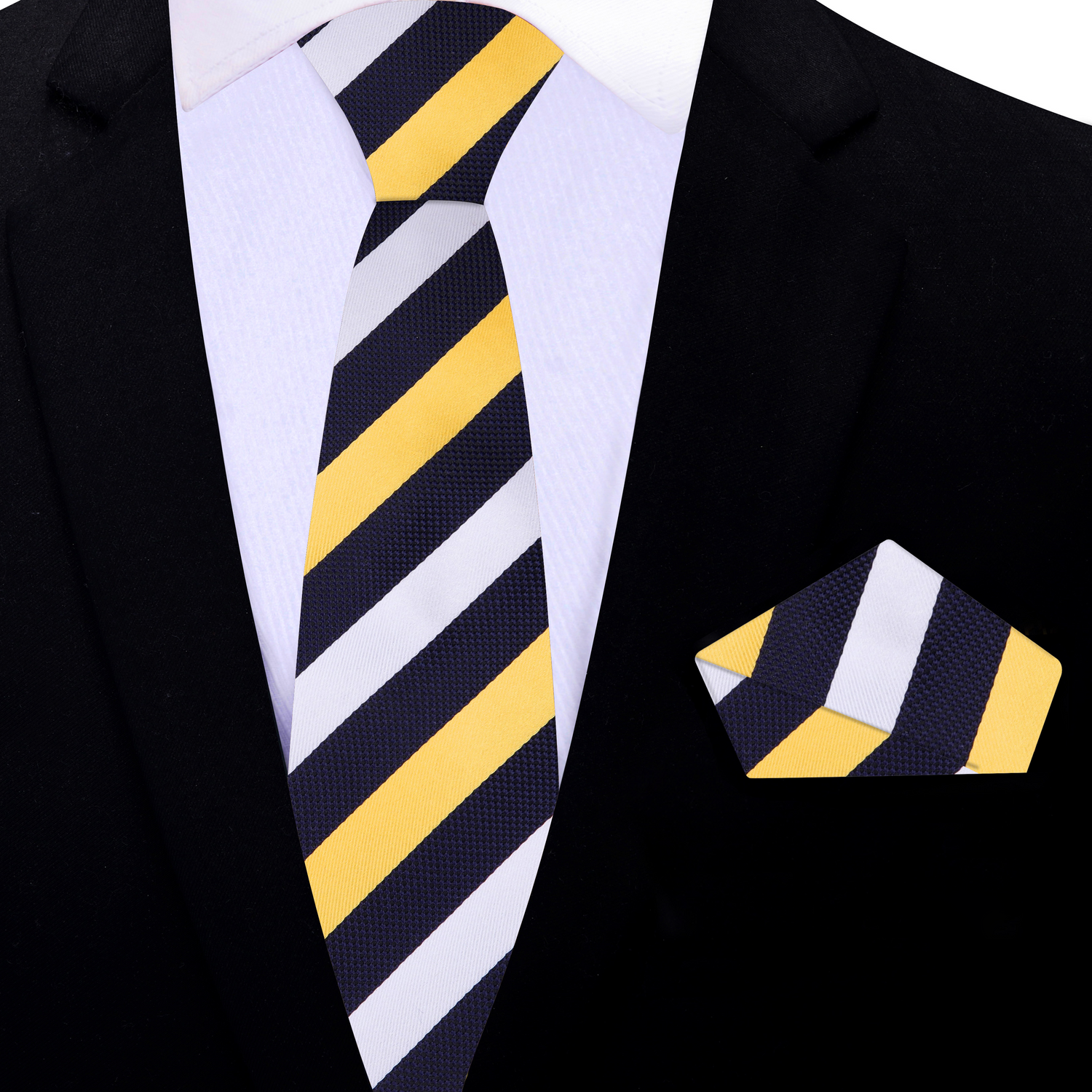 Thin Dark Blue, Yellow, White Stripe Necktie and Square