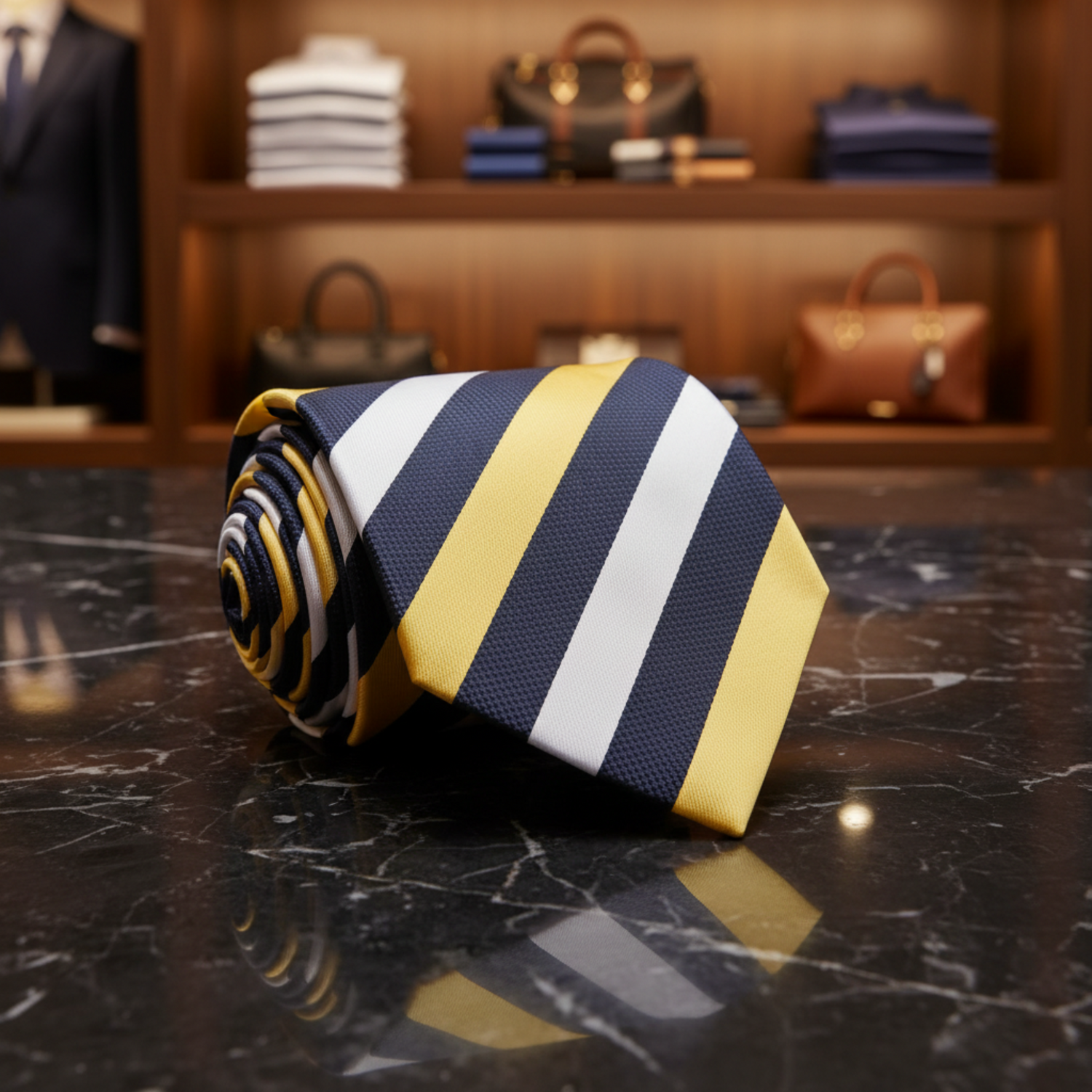 Dark Blue, Yellow, White Stripe Necktie
