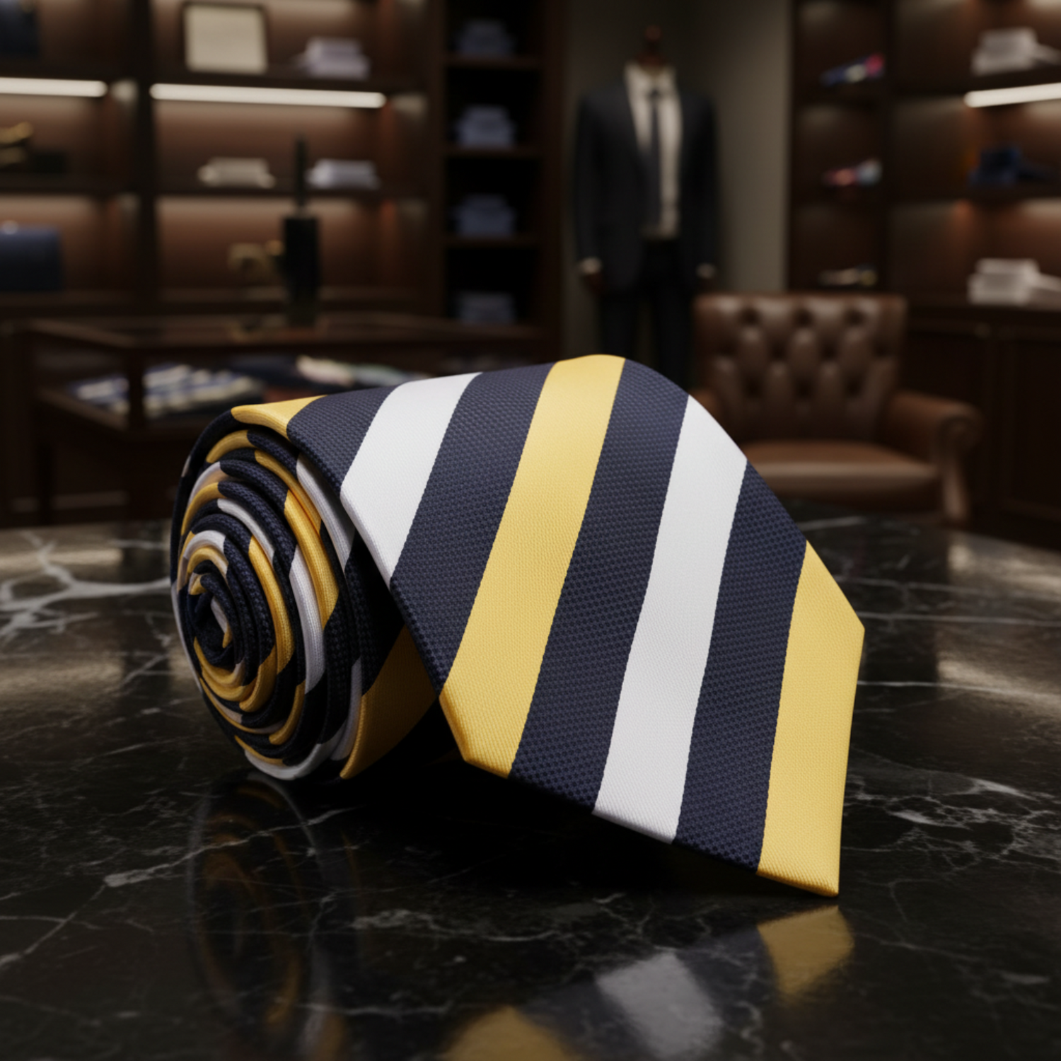 Boys Navy Yellow White Stripe Tie for Weddings & Formal Outfits