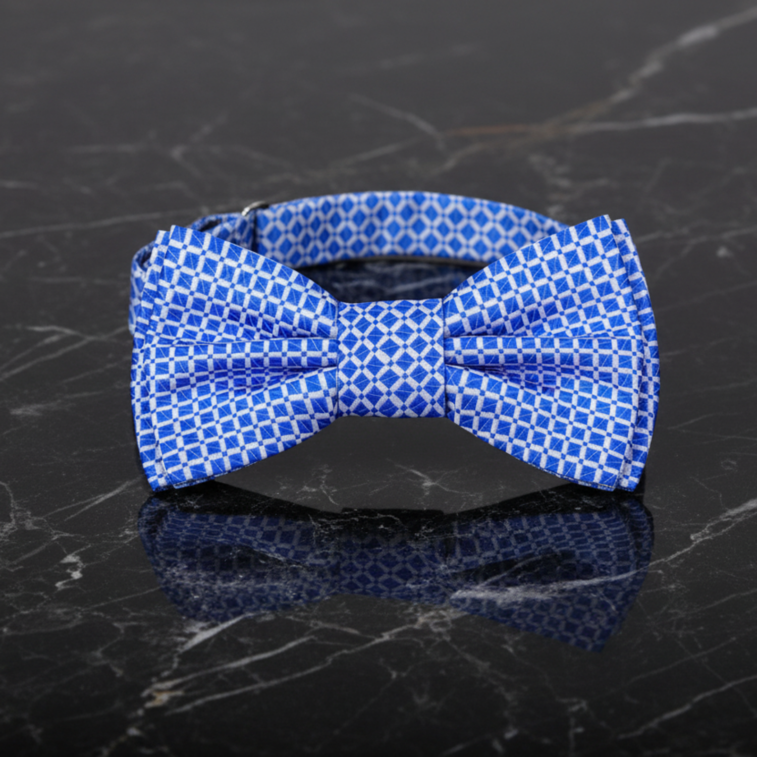 A Blue, White Small Geometric Check Pattern Bow Tie Pre Tied