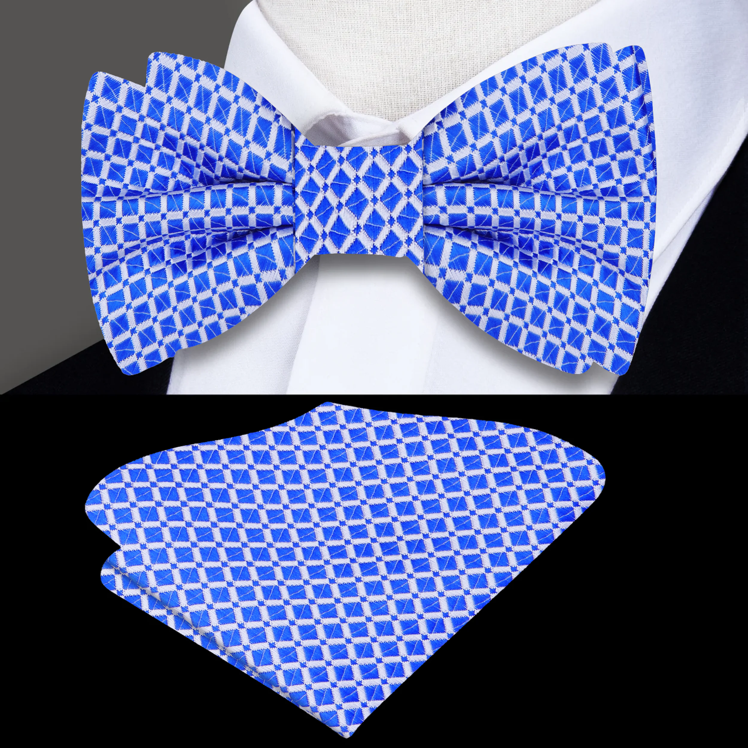 A Blue, White Small Geometric Check Pattern Bow Tie, Matching Pocket Square
