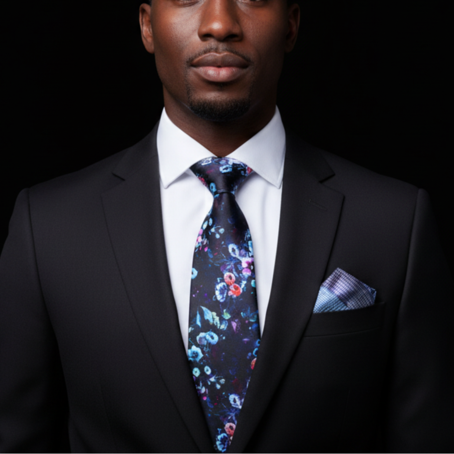 Floral tie and patterned pocket square on a white background