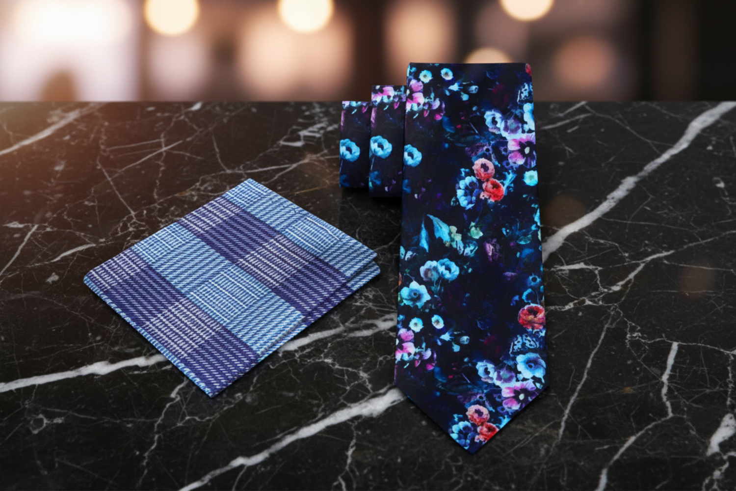 Alt Shades of blue Flowers Necktie & Accenting Plaid Square