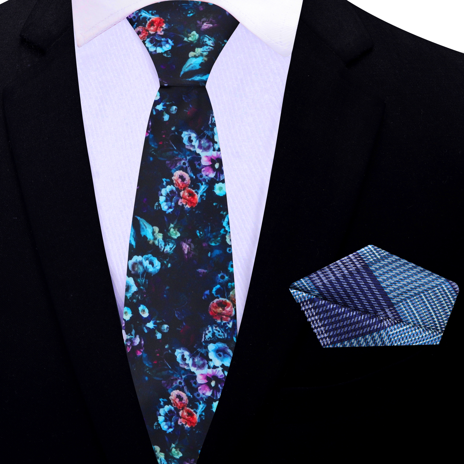 Thin Shades of blue Flowers Necktie & Accenting Plaid Square