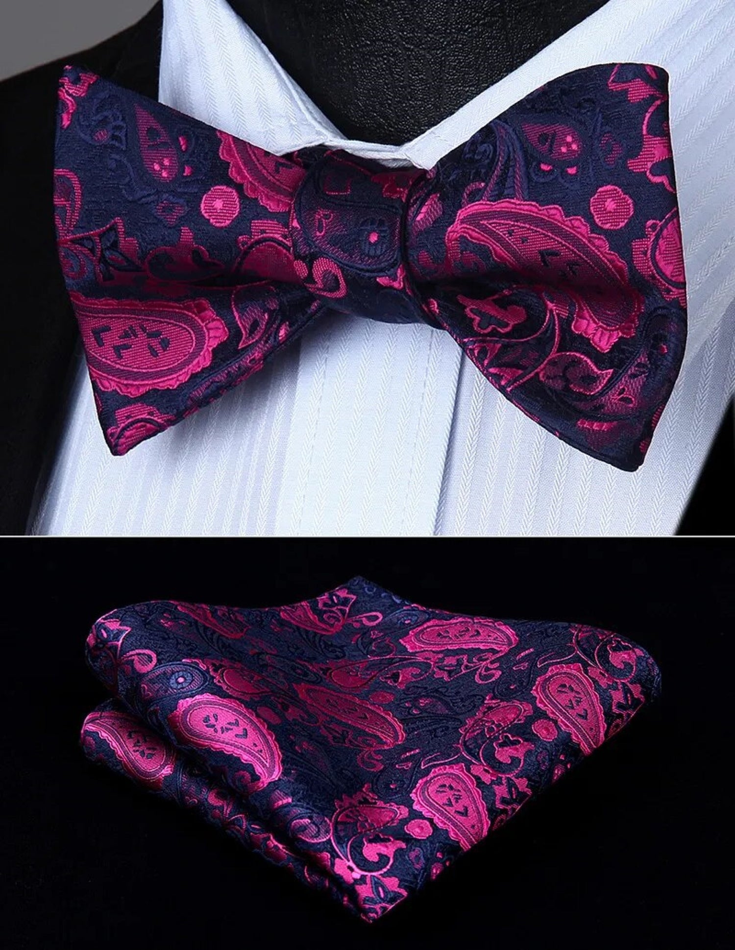 Blue and Pink Paisley patterned bow tie and pocket square set on a white shirt.