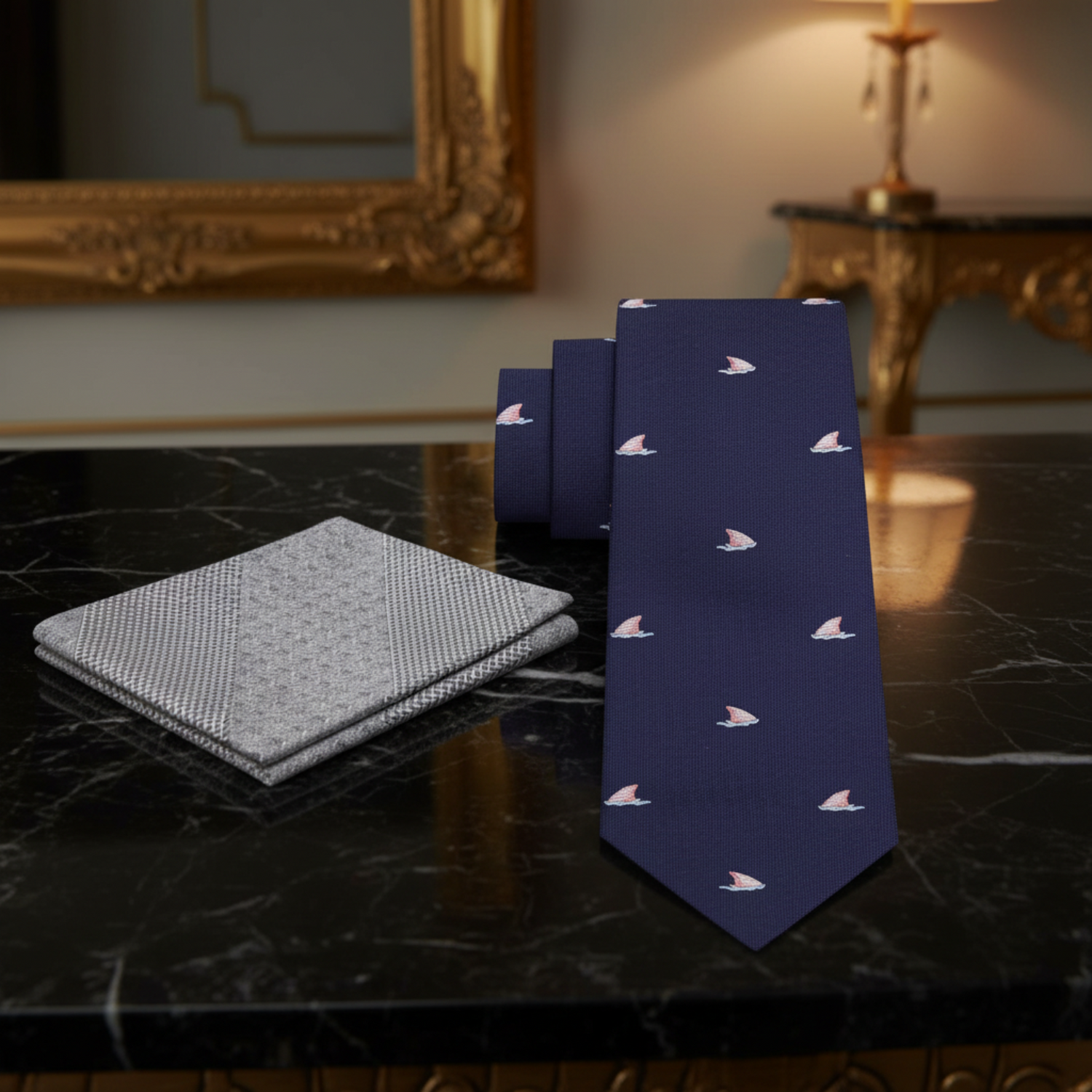 Navy Shark Fin Necktie with Light Pink Accents