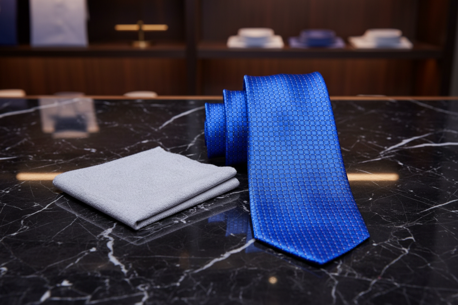Blue patterned tie and light gray pocket square 2
