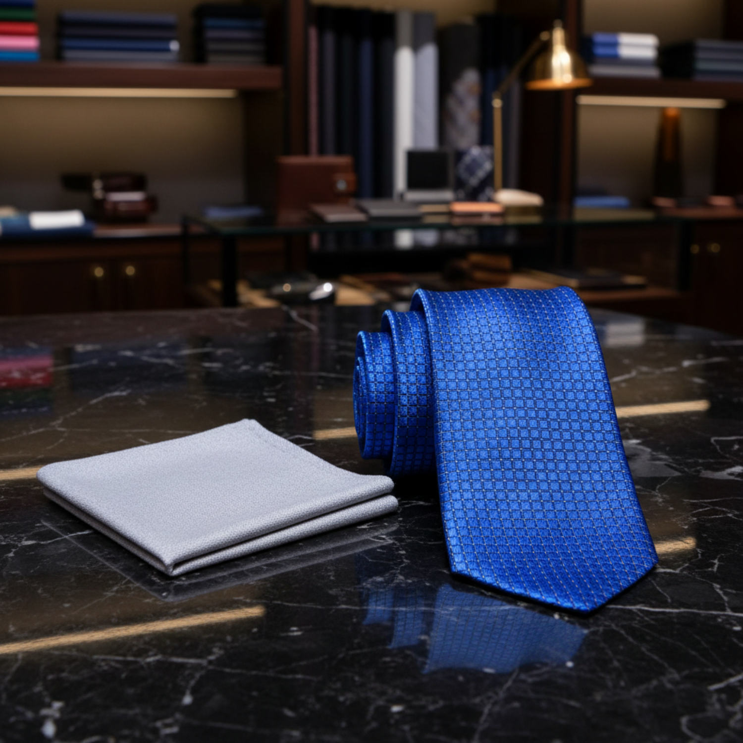 Blue patterned tie and light gray pocket square  