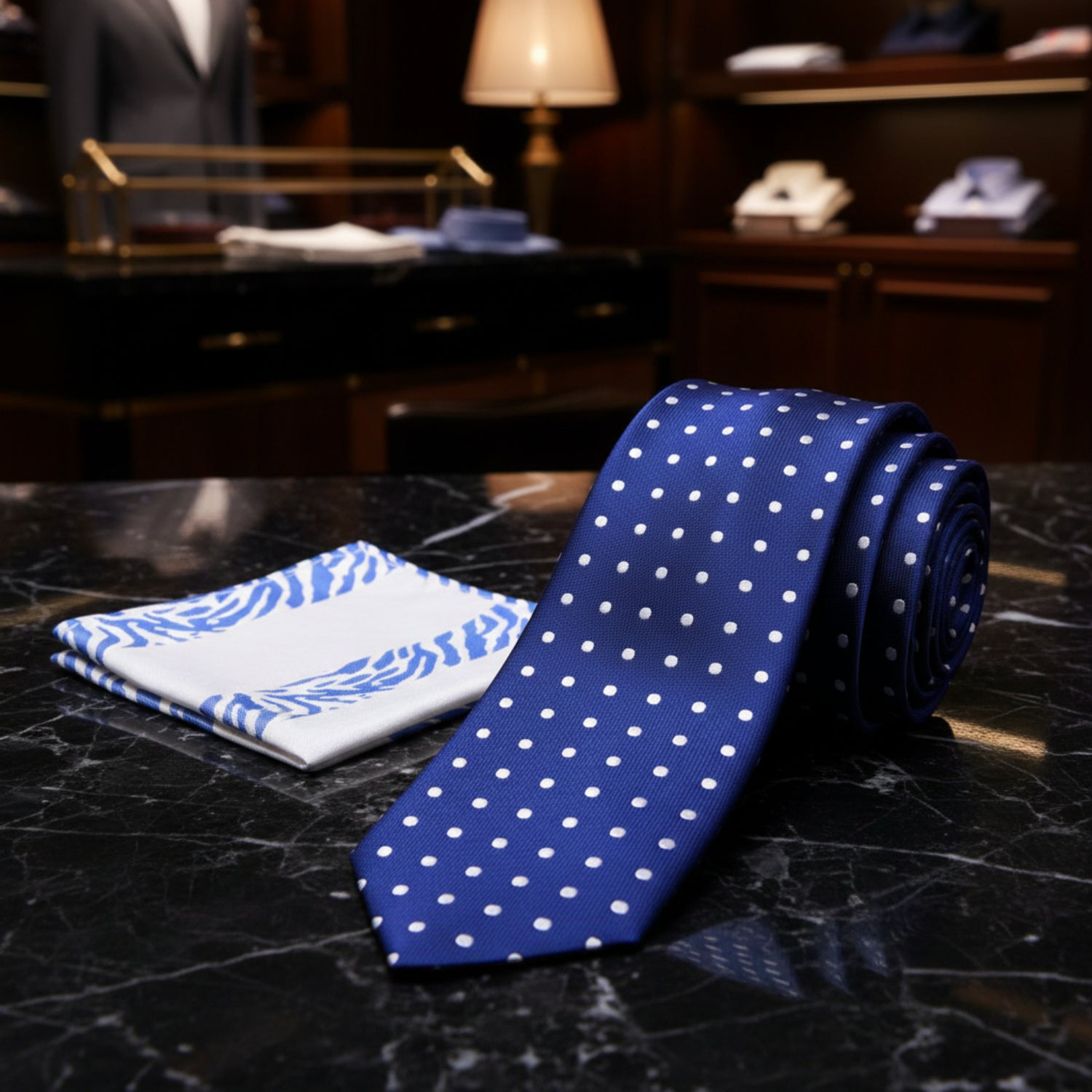 Set of blue and white polka dot tie and zebra print pocket square 