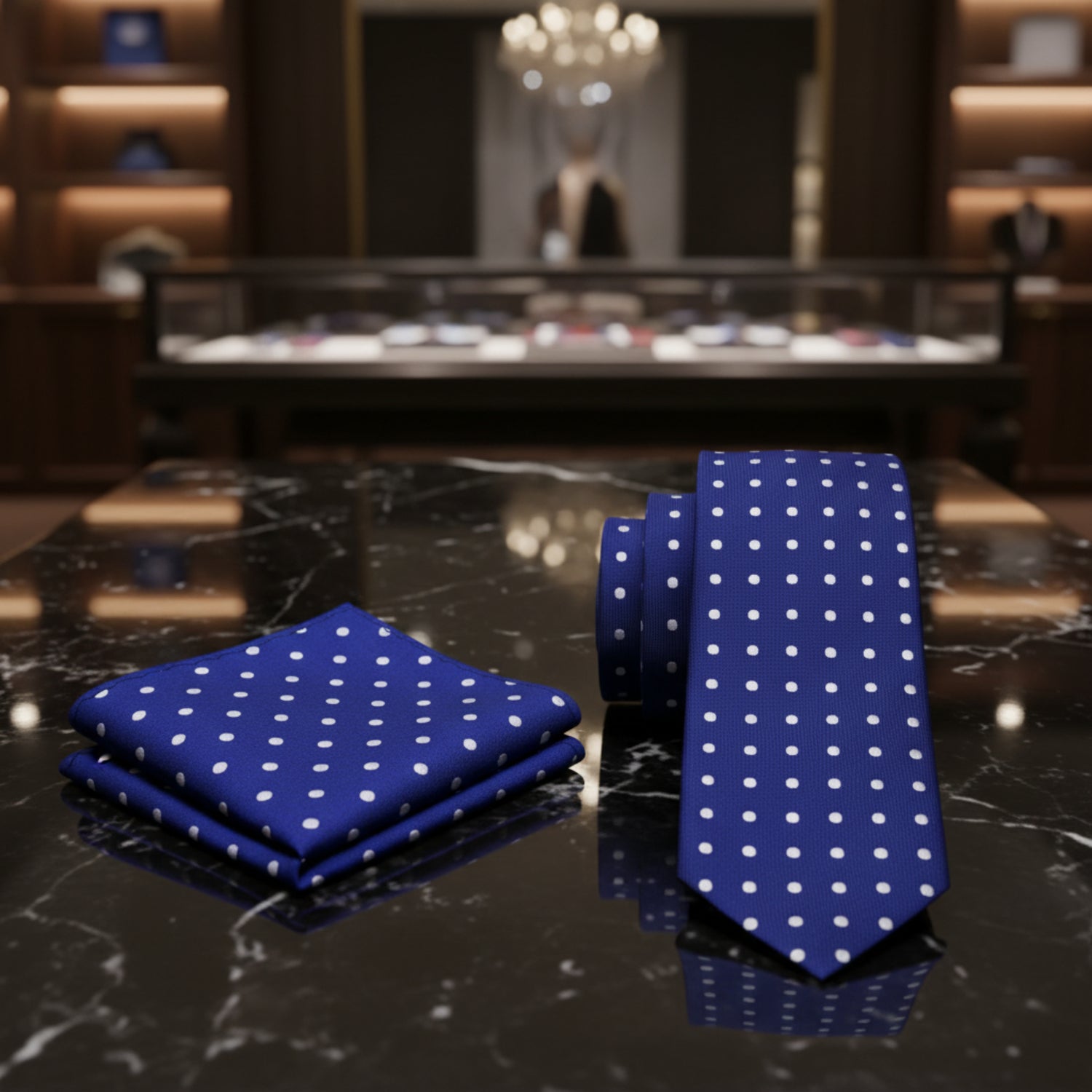 Navy blue tie with white polka dots and matching pocket square