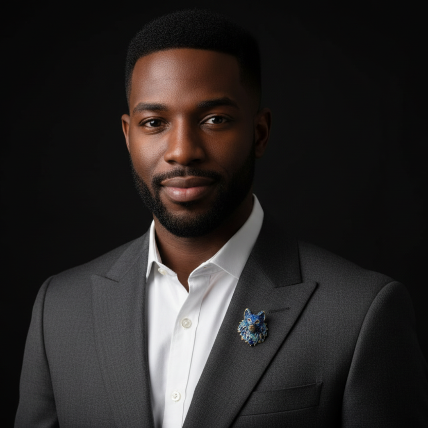 Man wearing grey suit with blue wolf head lapel pin
