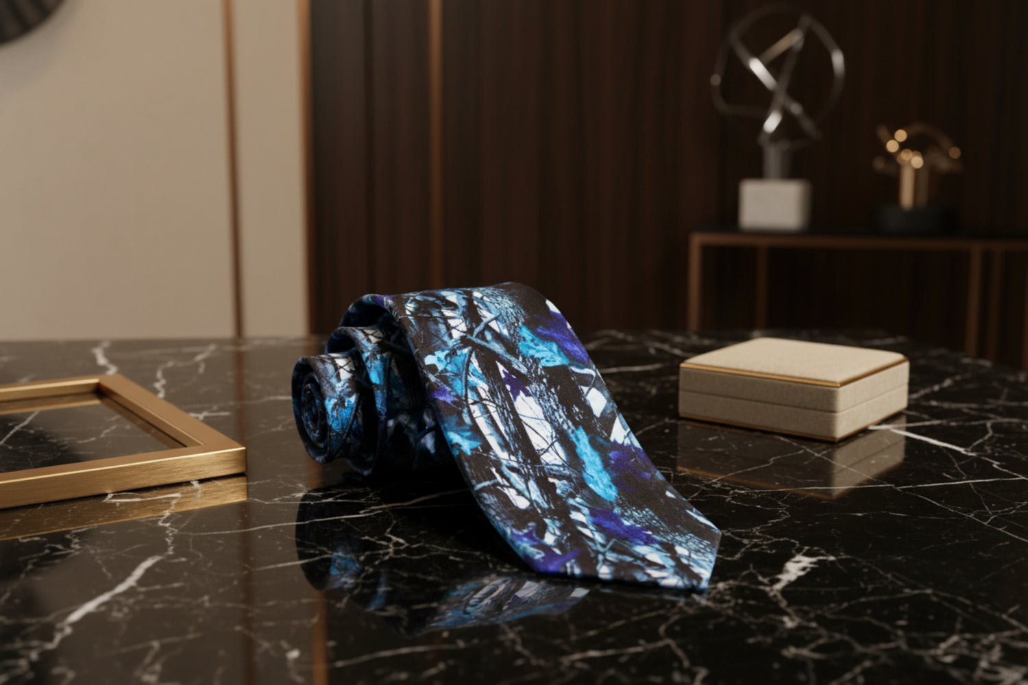 Blue camouflage tie on a marble