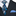 Black suit with a blue and black patterned tie and matching pocket square.