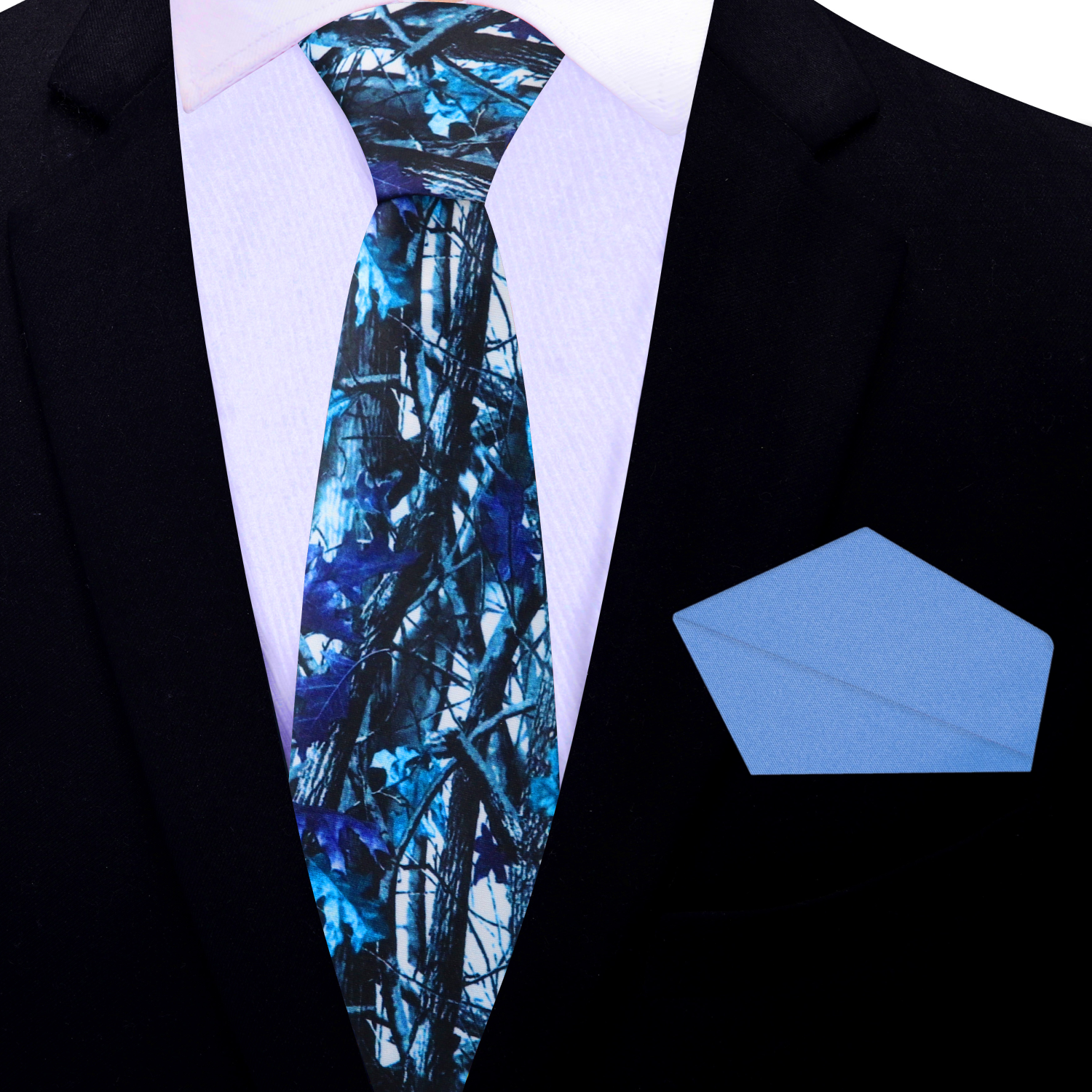Black suit jacket with a blue tie and matching pocket square on a white background