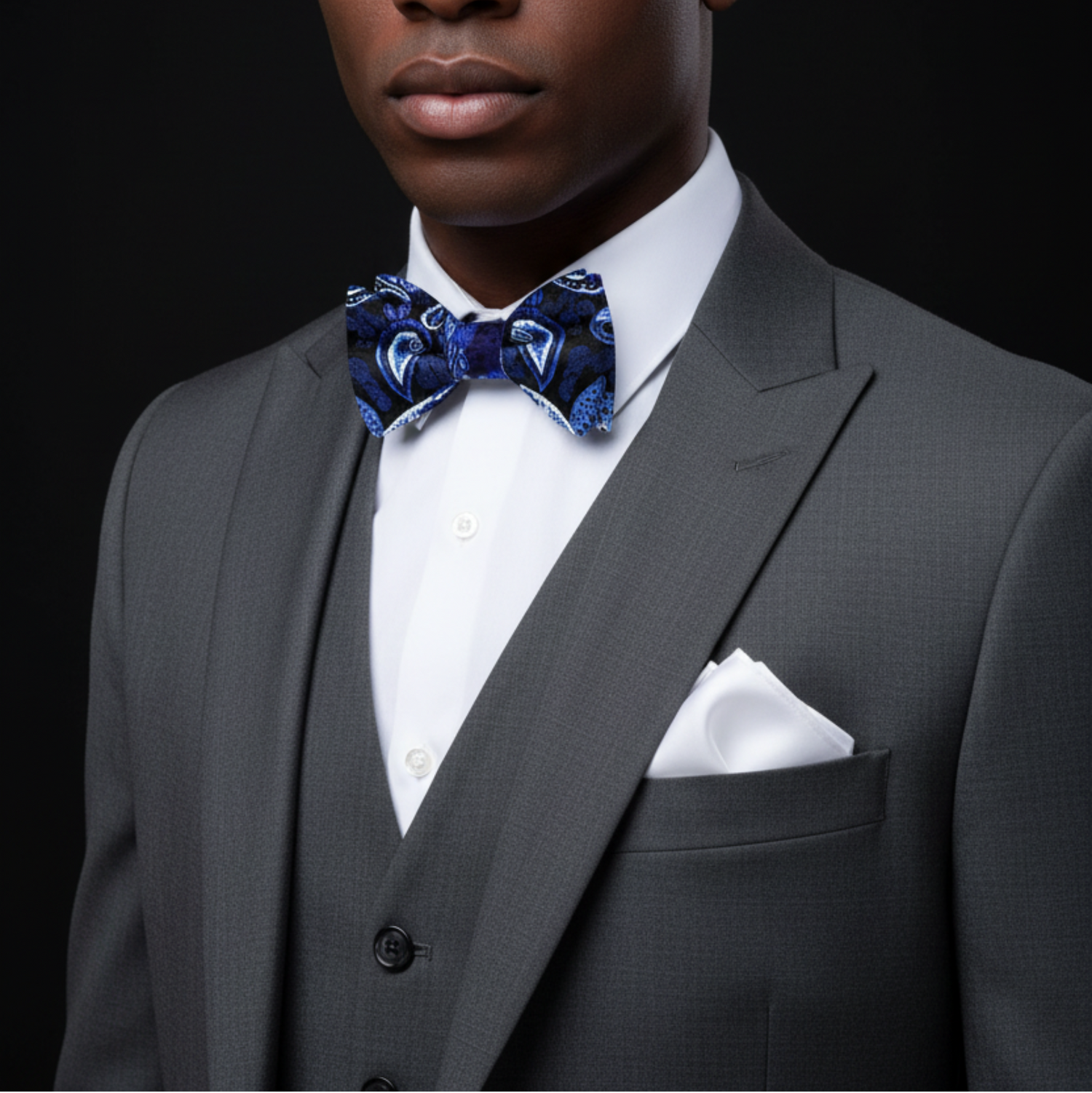 Blue Paisley Bow Tie and White Square On Suit