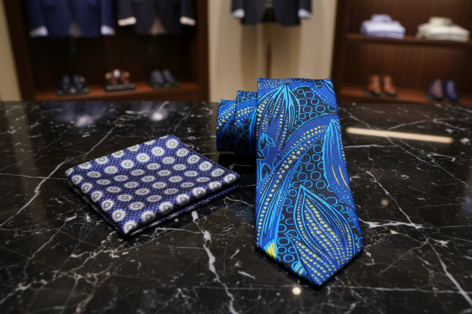 View 2: Blue, Yellow Abstract Tie and Accenting Pocket Square