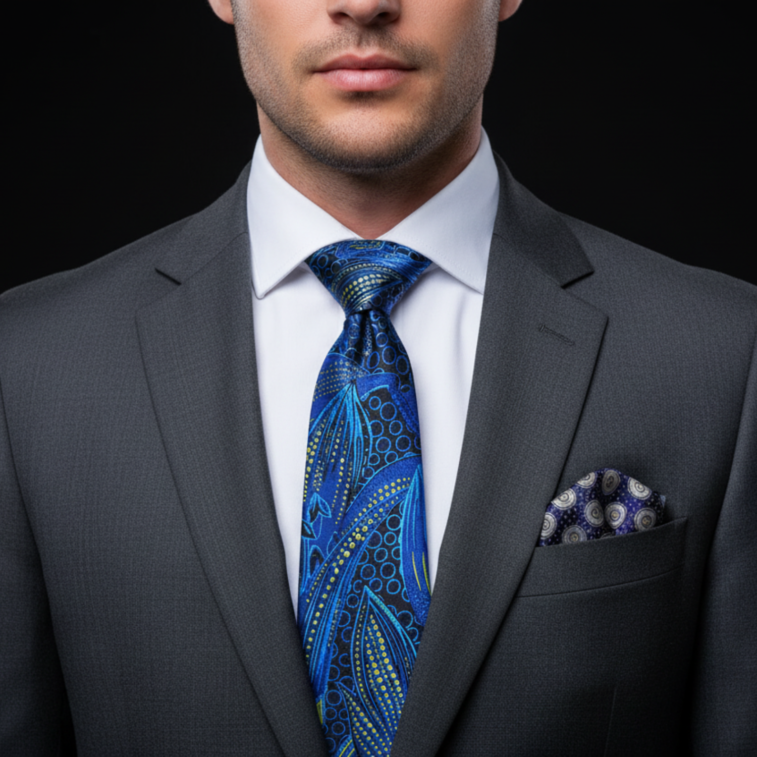 Blue, Yellow Tie and Accenting Geometric Square on Man