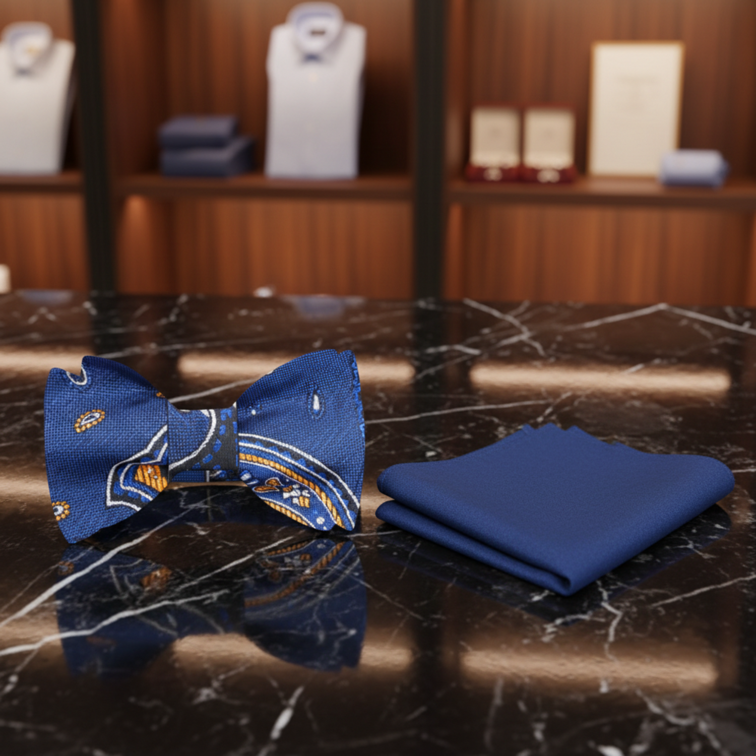 Blue Paisley Bow Tie and Blue Pocket Square