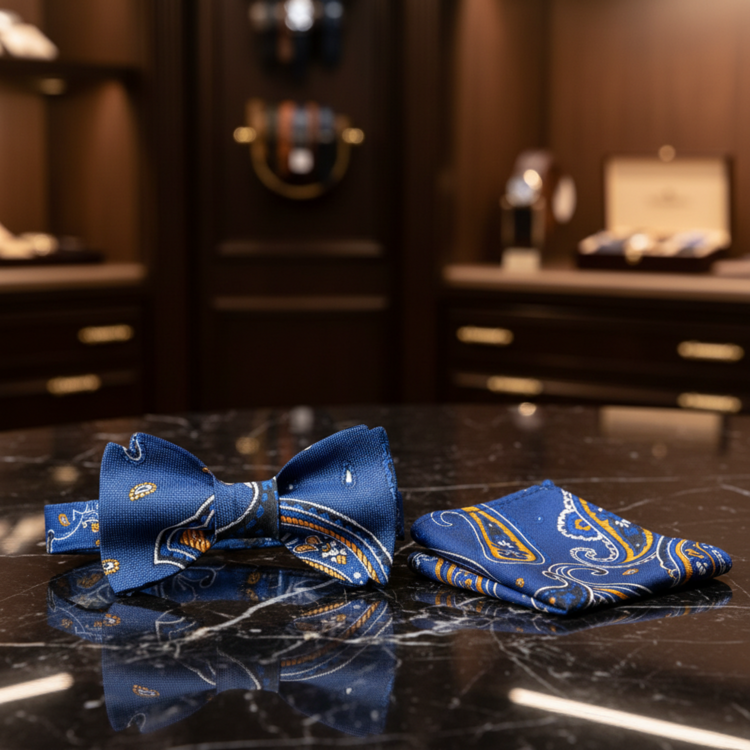 Blue Paisley Bow Tie and Pocket Square