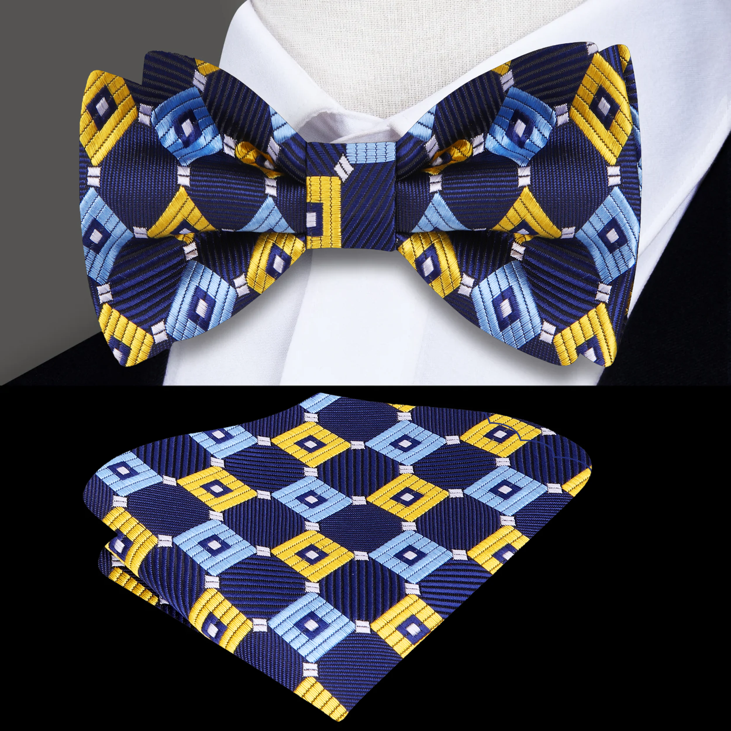 Main: Blue Yellow Geometric Bow Tie and Pocket Square