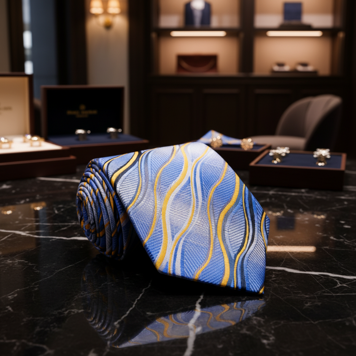 A rolled necktie featuring a wavy vertical stripe pattern in shades of blue, white, yellow, and black on a clean white background.